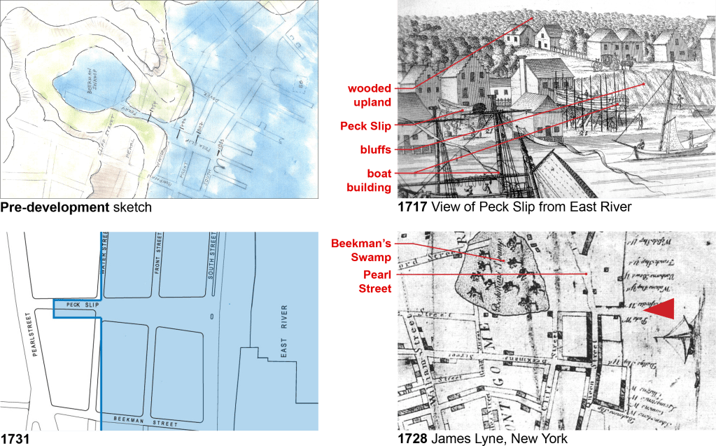 Four images of Peck Slips history from pre-development to 1750