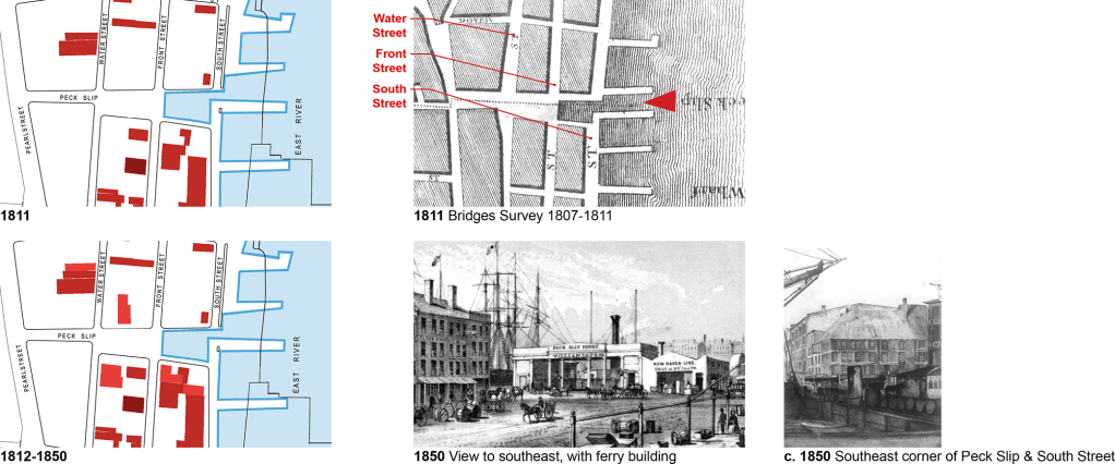 Five images of Peck Slips history from 1800 - 1850