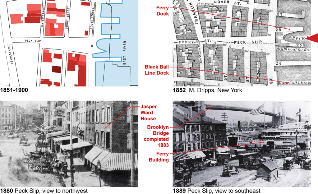 Four images of Peck Slips history from 1850 - 1900