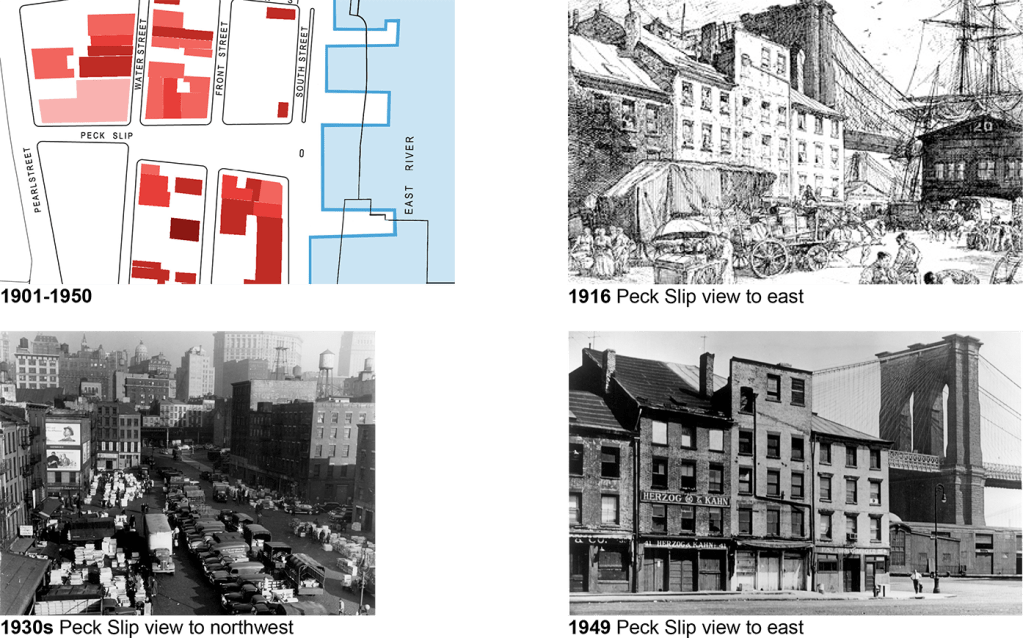 Four images of Peck Slips history from 1901 to 1950.